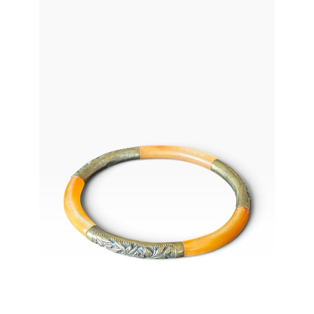 Vintage Boho Tribal Bangle Bracelet Orange Jade??? Etched Metal Artisan